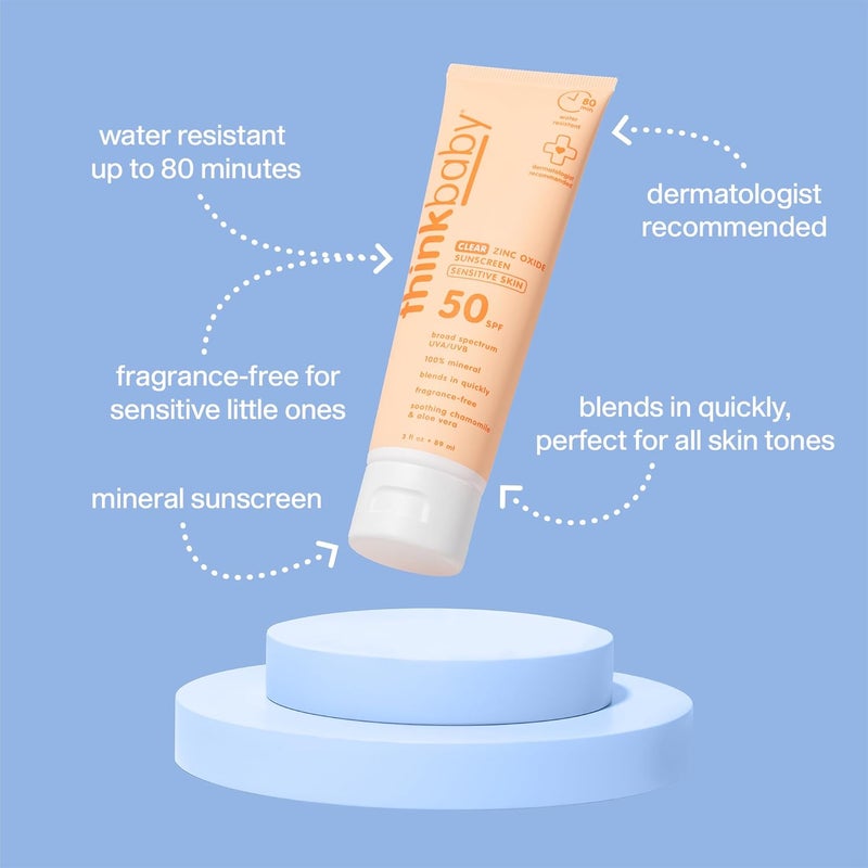 think! Thinkbaby Baby Sunscreen for Sensitive Skin, 3 Fl Oz, SPF 50 Clear Zinc Oxide Baby Mineral Sunscreen, Broad Spectrum UVA/UVB Protection, Natural, Water Resistant, Reef Safe, Vegan | for Sensitive Skin, Clear Zinc Oxide, Baby Sunblock, Natural, Water Resistant - Image 2